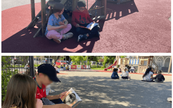 ?Pour leur plus grand plaisir, les élèves de GS et CM1A partagent un temps de littérature de jeunesse au soleil. ☀️